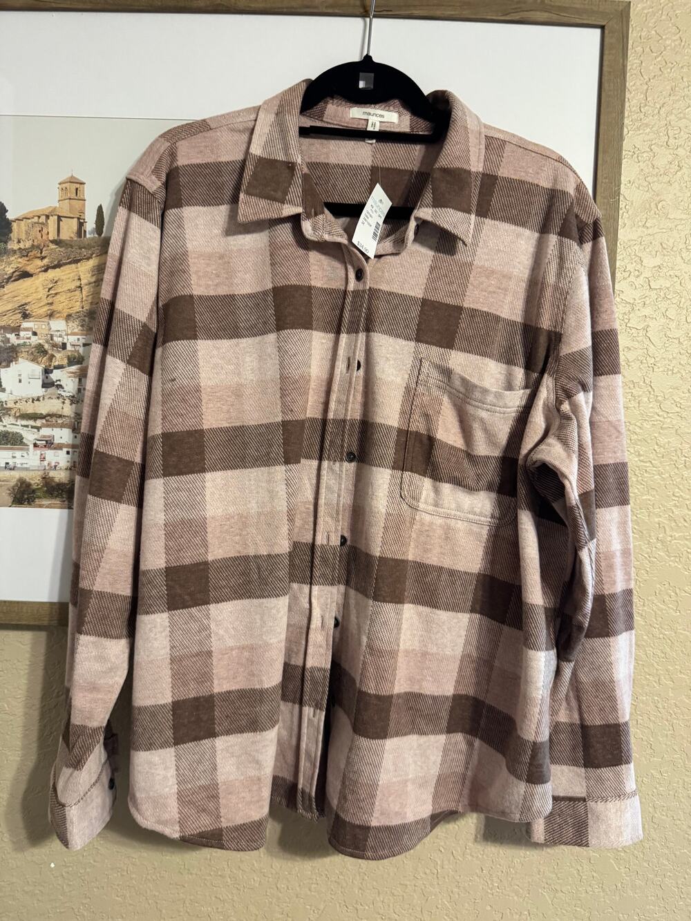 NWT Maurices Women's 2X Brown Pink Plaid Soft Brushed Flannel Button Up Shirt